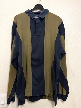 90s Vintage Men’s Collared Thick Rugby Long Sleeve Green/Navy Polo XL 26x29